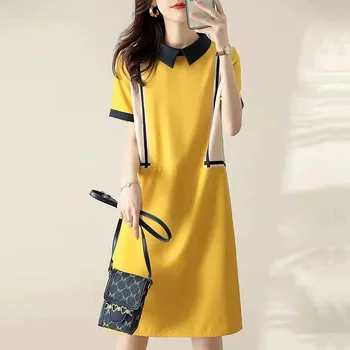 Fashion Peter Pan Collar Spliced Loose Korean Midi Clothing 2024 Summer New Short Sleeve Office Lady Party Dress H161