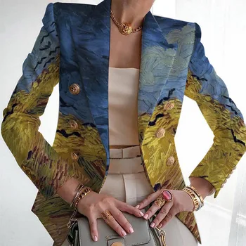 High-end Sense Suit Stylish 2023 Designer Blazer Women's Lion Buttons Double Breasted 3D Printing Blazer Jacket Outer Wear