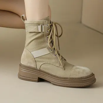 2023 Genuine Kid Suede Leather Khaki Color Military Design Casual Winter Hiking Jodinėjimo batai moterims Suvarstomi kulkšnies plokšti batai