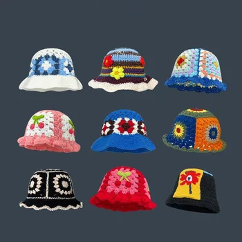 2023 Gėlių nėrimo kibiras Kepurė Moterys Pavasario rudens rankų darbo megztos pupelės MENS Korėjos mados paplūdimys Bikini Panama Žiema Šilta kepurė