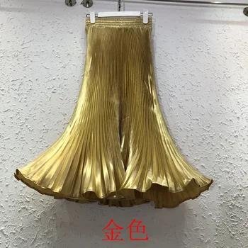 2023 Vasara Moteriškas elegantiškas metalo spalvos undinės sijonas Korėjiečių mada Elastingas aukštas juosmuo Grindų ilgis Plisuoti Maxi sijonai