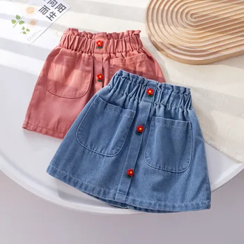 2023 Vasaros korėjiečių vaikai Baby Girl sijonai Džinsinis elastingas juosmuo Kišenė Lopytas Universalus Vaikų mergaičių sijonas Mažylių mergaičių apranga