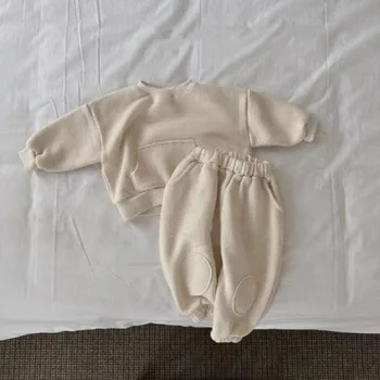 2023 Winter New Baby Plus Velvet Thick Warm Clothes Set Infant Casual Pocket Sweatshirt Outfits Kids Boys Fleece Kelnių kostiumas