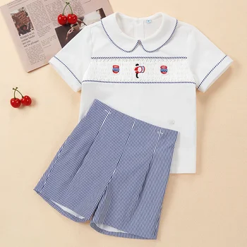 2024 Marškinėliai berniukams Boutique dizainas Kūdikių mergaičių drabužių rinkiniai Vasaros vaikai Rankų darbo Smocked Romper Vaikų Brolių derinimas