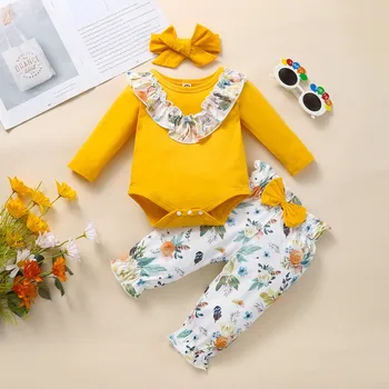 3-18 mėnesių kūdikių mergaičių 3vnt drabužių komplektai Medvilniniai raukiniai smėlinukas +Gėlių kelnės +Galvos juosta Kūdikių apranga Kostiumai Mergaičių drabužiai