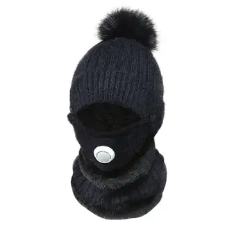 3 In 1 suaugusiųjų megztos šaliko kepurės veido kaukės rinkinys su kvėpavimo vožtuvu Žiema šilta minkšta moterims lauke