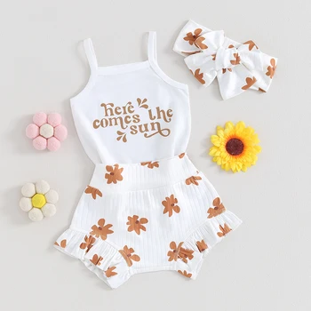 3Vnt Naujagimis Baby Girl Vasariniai drabužiai be rankovių Juokingos raidės Romper Flower Ruffle Bloomer Šortai Galvos juostos aprangos komplektas
