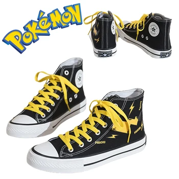 Anime Pokemon Pikachu Vyrai Drobės sportbačiai Mėgėjai Patogūs batai Flats Casual Women White Black Walking Batai Vulkanizuoti batai