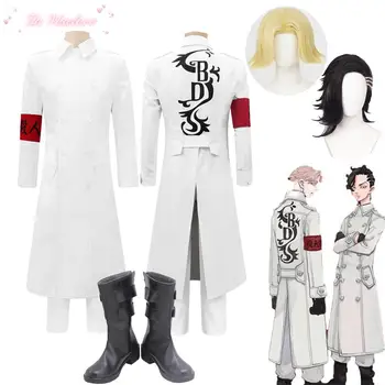 Anime Tokyo Revengers Cosplay kostiumas Seishu Inui Kokounoi Hajime uniforma Baltas paltas Kelnės Apyrankė Helovino vakarėlio apranga Perukas