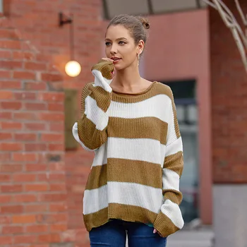 Autumn Winter Stripe Pullover Casual Loose Women Knitted Sweater Vintage Long Sleeve Trikotažas Female O Neck Jumpers Streetwear