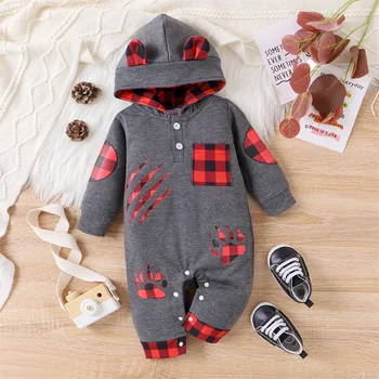 Baby Boy džemperis Romper Mielas pledas Print kombinezonas ilgomis rankovėmis su gobtuvu kūdikių mažylio rudens aprangai