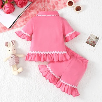 Baby Girl Easter Pajama Set Lapel Neck Short Sleeve Button Down Tops Elastic Waist Frill Trim Shorts Infant Toddler Sleepwear