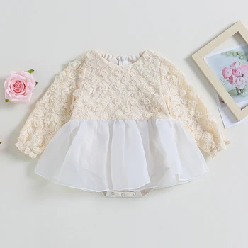 Baby Girl Rompers suknelė 3D gėlių ekipažas Kaklas ilgomis rankovėmis Tiulio sijonas Hem kombinezonai Naujagimio rudens drabužiai Vaikiški smėlinukai