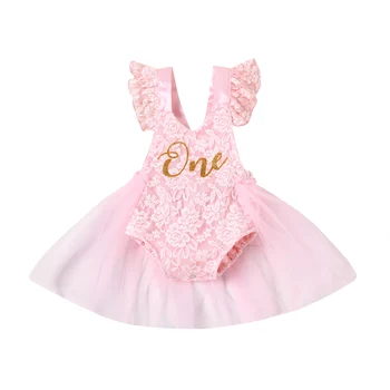 Baby Girl smėlinukai Suknelė su tinkleliu susiuvant vieną raidę Spausdinti Mažosios princesės vasaros gimtadienio vakarėlio kostiumas 6-24Mėnesiai