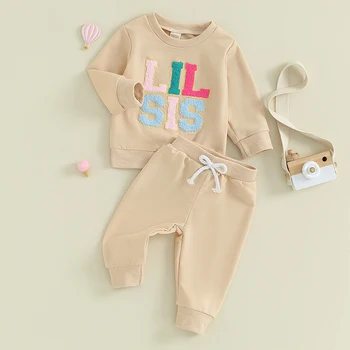 Baby Girls Fall Apranga Laiškų siuvinėjimo ekipažo kaklas džemperiai ilgomis rankovėmis ir elastingas juosmuo Ilgos kelnės 2Vnt drabužių komplektas