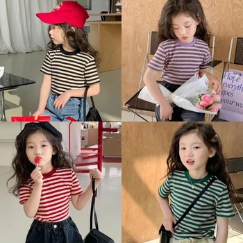 Baby Girls marškinėliai trumpomis rankovėmis Vaikiški dryžuoti spausdinti viršutiniai marškinėliai Mažylių marškinėliai 2024 m. Vasaros vaikų drabužiai Korėjietiškas stilius
