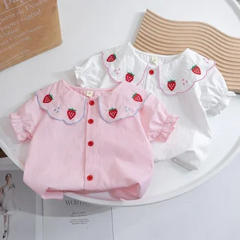 Baby Girls Palaidinės Kids Strawberry Print Marškinėliai trumpomis rankovėmis 2023 m. vasara Nuo 1 iki 6 m. Vaikų medvilnės drabužiai Korėjietiškas stilius