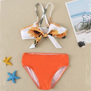 Baby Girls Two Piece Maudymosi kostiumėliai Saulėgrąžų gėlių spauda Vasaros vaikai Oranžinis maudymosi kostiumėlis Bikini Tvarstis Paplūdimio apranga Brazilijos maudymosi kostiumas