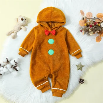 Christmas Infant Baby Boys Girls Romper Jumpbinezonas Fuzzy Gingerbread Man Cute Clothes Hooded Drabužių apranga