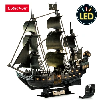 CubicFun LED 3D galvosūkiai ATNAUJINTI Karalienės Anos keršto piratų laivo modelio konstravimo rinkiniai Burlaivio dėlionės dėlionės Žaislas suaugusiems