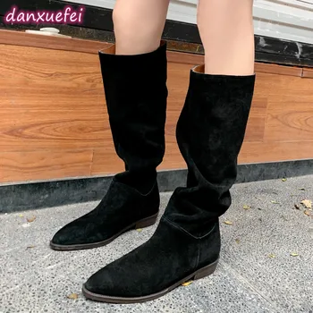 danxuefei plius dydis 34-42 moteriški natūralūs zomšos odos kvadratiniai kojų pirštai įsispiriantys butai rudens kne aukšti batai laisvalaikio moteriški ilgi batai