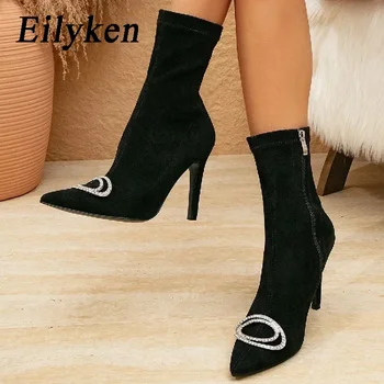 Eilyken Winter Pointed Toe Woman Ankle Boots Sexy Elegant Crystal Thin High Heels Fashion Zipper Stripper Prom Batai