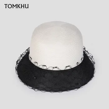 Fashion Taiwan PP Grass Hand Woven Mesh Basin Hat for Women Black White Splicing Elegant Bucket Hat Summer Fadora Cap For Woman