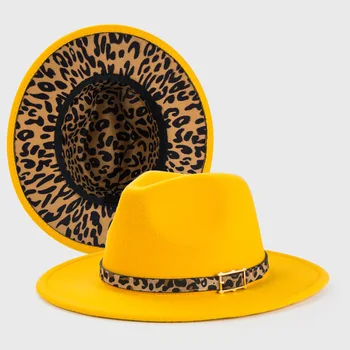 Geltonas leopardas Spausdinti Fedora skrybėlė Vyrų moterų džiazo skrybėlė Geltona vidinė leopardo spauda Naujas kaklaraištis dažytas Fedora skrybėlė Rudens klasikinė skrybėlė
