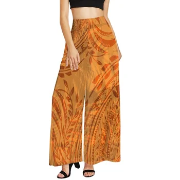 Hycool Polynesian Tribal Orange Leaf Print New Style Summer Casual High Waist Wide Legs Ptau for Women Plus Size 2023 XS-6XL