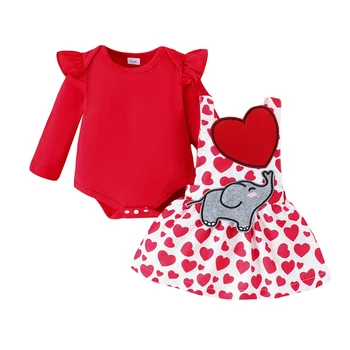 Infant Baby Girl Valentino dienos apranga Ruffle ilgomis rankovėmis Romper 3D Heart Elephant Spender Sijonas 2Pc drabužių komplektas