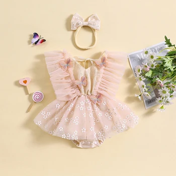 Infant Girl Summer Mash Nėrinių smėlinukai Kombinezonas Skraidančios rankovės V-Neck Tiulis 3D Drugelis Gėlių atspaudas Romper Galvos apdangalas Drabužiai