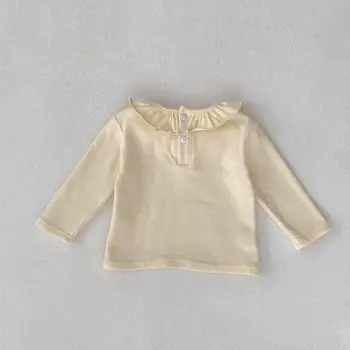 INS Pavasario ir rudens drabužiai Baby Girl Baby Wooden Ear Lotus Collar Bottom Shirt Universalūs marškinėliai ilgomis rankovėmis