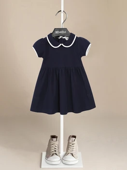 Kids Fashion Cotton Summer Girl Dress White Navy Casual Short Sleeve Kids Holiday Dress with College Style Sisters Dress Kids