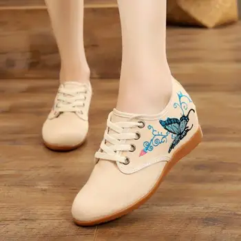 kinų Pekino audinio batai Moteriški padidinti minkšto dugno siuvinėjimai Nėriniai aukštyn Moterys Laisvalaikio komfortas Džinsinio audinio sportbačiai Batai