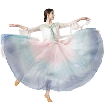 Klasikinio šokio kostiumas Kinų Flok šokių apranga Performansas Drabužiai Sceninė apranga Šiuolaikinis kamuolinis chalatas Gradiento tinklelis Viršus Didelis apvadas Sijonas