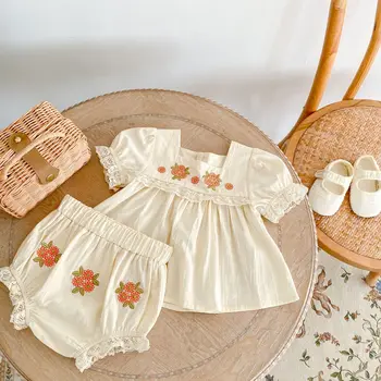 Korean Toddler Girls Summer Apranga 2023 Gėlių siuvinėjimas trumpomis rankovėmis +šortai 2Vnt Madingi kūdikių mergaičių drabužių rinkiniai
