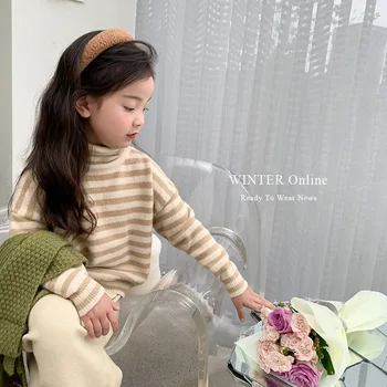 Korėjietiško stiliaus šiltas dryžuotas megztinis Rudens ir žiemos laisvalaikio paprastas minkštas megztukas berniukams ir mergaitėms Vaikų drabužiai