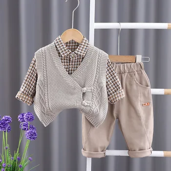 Korėjos 2023 m. pavasaris Baby Boy Drabužiai Prabangus dizaineris Megzta megzta megztinio megztinio liemenė + Plediniai marškiniai + Kelnės 3PCS Kids Boys Apranga