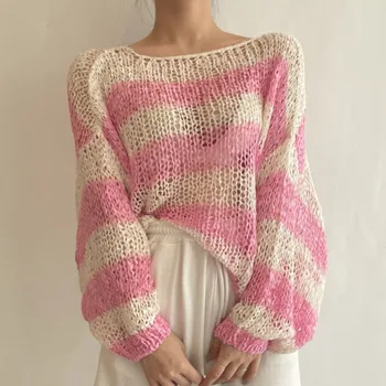 Madingas dryžuotas megztinis su tuščiaviduriu plona įstrižaine apykakle ilgomis rankovėmis Laisvalaikio apsauga nuo saulės Moterų laisvas viršus 2023