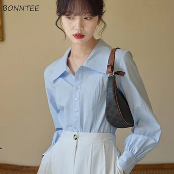 Marškiniai Moterys ilgomis rankovėmis Daily Office Lady Basic Korėjietiškas stilius Švelni mada Klasikinė pavasaris Solidus visų rungtynių Laisvalaikis Saldus derlius