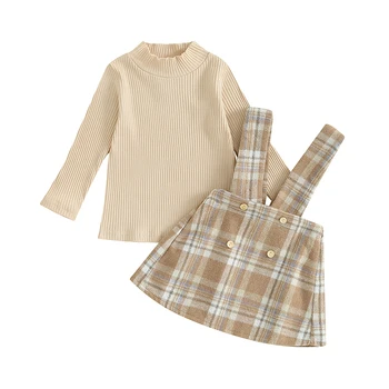 Mažylio mergaitės rudens apranga Kietas briaunotas džemperis Petnešėlės pledinis sijonas Komplektas Mažylio rudens apranga