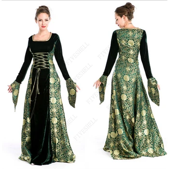 Moteriška viduramžių Cosplay suknelė Vieno dydžio suknelė ilgomis rankovėmis Žalias kaklaraištis Flare Suknelė rankovėmis