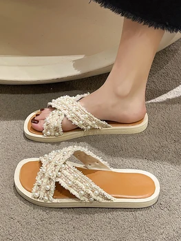 Moteriški batai Šlepetės Casual Low Summer Clogs Woman String Bead Slides 2023 Luxury Beach Soft Flat Fashion Cotton Fabric Basic C