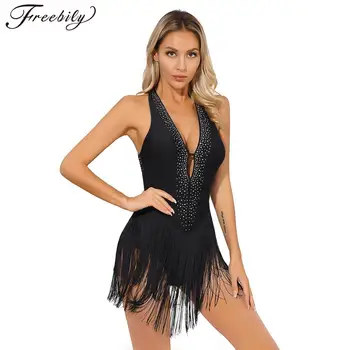 Moteriški blizgučiai Kutas Lotynų šokių suknelių konkursas Tango šokių apranga Leotard mini sijonas be nugaros vakarėlių merginų šokių kostiumas