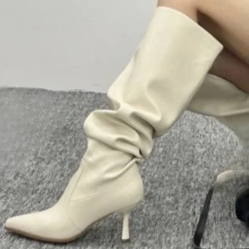 Moterų raukšlės Pionted Toe Thin Heel Knee High Boots 2023 Autumn New Female Heelsed Shoes Sexy Party Ladies Tall High Boots