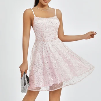 Moterų vasaros laisvalaikio A linijos suknelė Blizgučiai Be rankovių Mini suknelė be nugaros Mados vakarėlis Cami suknelė
