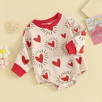 Naujagimio Valentino dienos apranga Mergaitė Berniukas Širdis Spausdinti Romper Burbulinis džemperis Mieli Valentino dienos drabužiai kūdikiams