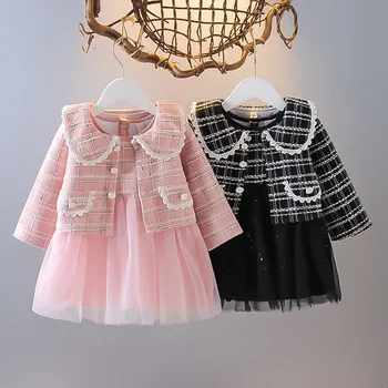 Naujagimių kostiumai mergaitėms 2024 Naujas korėjietiškas stilius Mada Vaikiški drabužiai Paltas ilgomis rankovėmis+Suknelė Vilkimo komplektai Apranga 0-3 m.