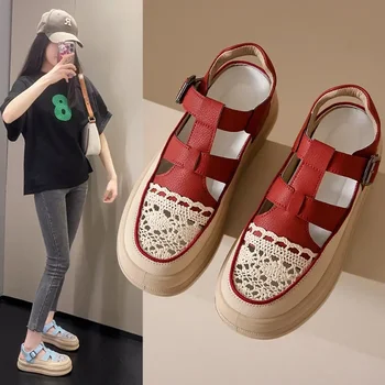 Naujos platformos tuščiaviduriai sandalai moterims Korėjiečių kalba Studentų storo pado sportiniai bateliai Laisvalaikio sandalai Zapatillas Mujer 2024