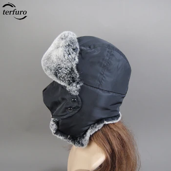 Naujos žiemos moterys Rusija Tikra Rex triušio kailio kepurė lauke Atsparus vėjui Super šiltos bombonešio kepurės Natūralios minkštos natūralios triušio kailio kepurės